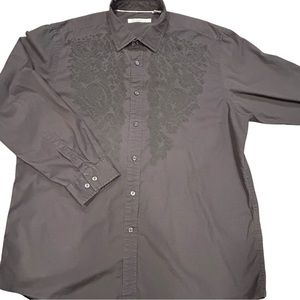 Kenneth Cole New York Men's XXL/T Embroidered Button Up Shirt Dark Gray Cotton